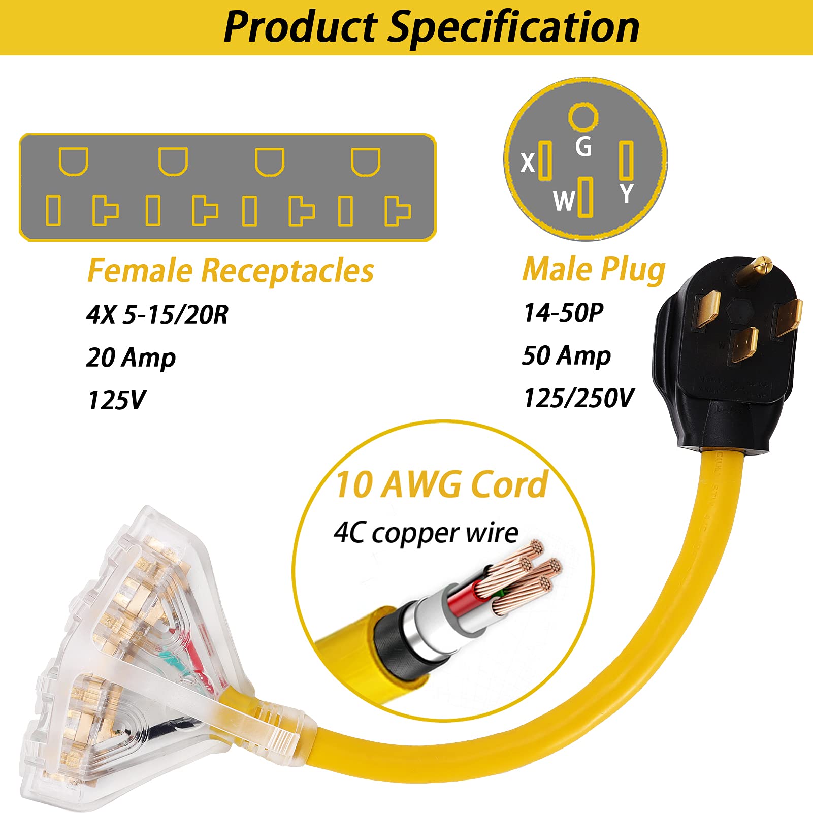 50 Amp To 110V 20 Amp Rv Adapter Cord, 4 Prong Nema 14 50P Male Plug To 4X 5 20R Household Outlet Female Connectors Adapter Cord